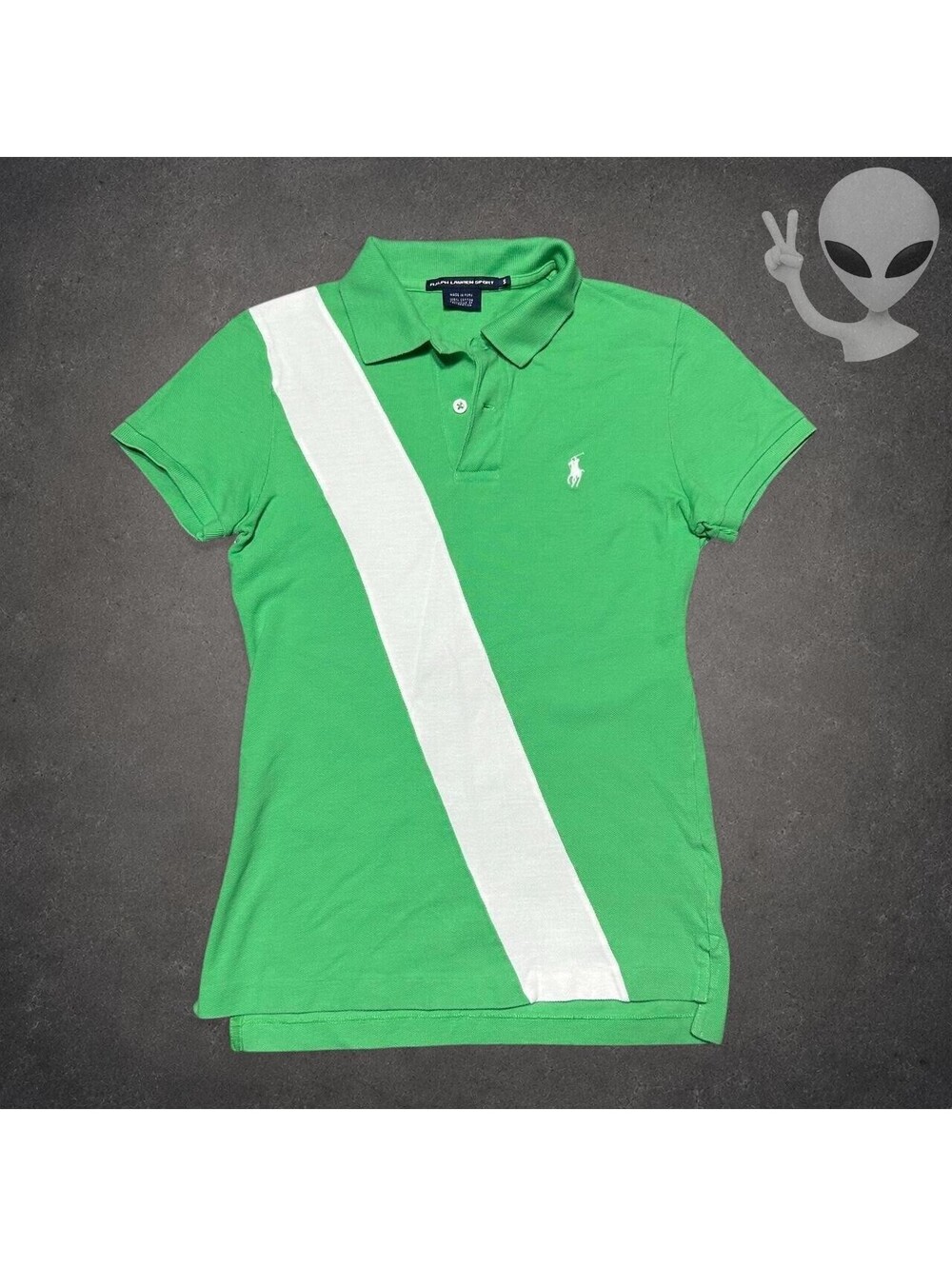 Ralph Lauren Sport Green White Diagonal Sash Polo Shirt Womens S